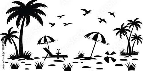 Beach scene with palm trees lounge chair and umbrella on sandy shore with birds flying overhead in tropical paradise