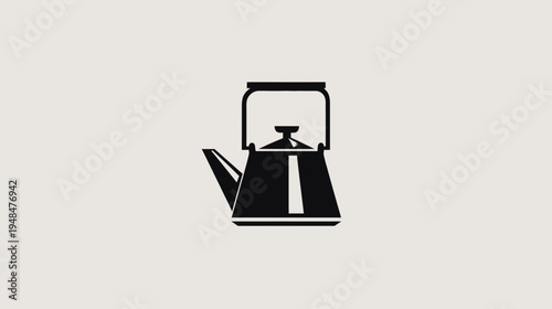 A geometric illustration of a black tea kettle on a neutral background