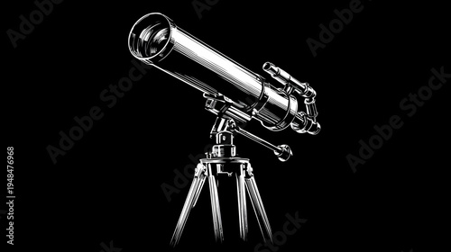 Illustration of a long-range optical instrument resting on a tripod, in a black and white design