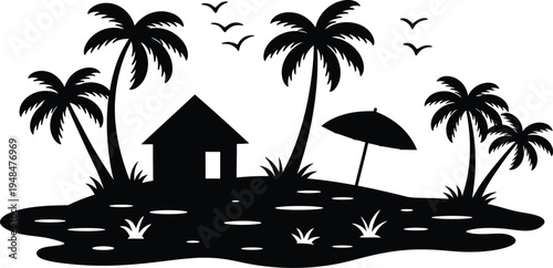 Black silhouette of a tropical island with palm trees and a small hut