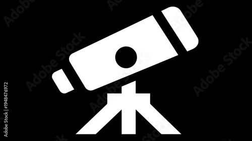 A stark white illustration of a telescope, elevated and angled on a tripod base, against a black backdrop