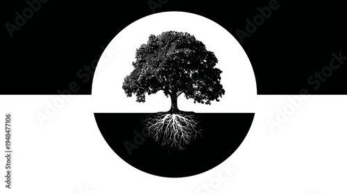 A grayscale depiction of a tree, its roots mirrored in the lower half of the circle