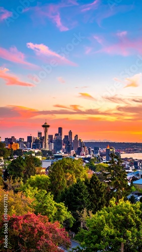 Cityscape with tall tower, set against sunset hues, framed by green trees