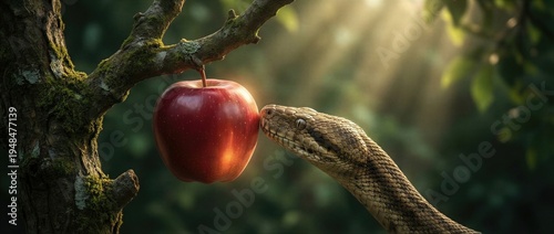 Snake approaching red apple hanging on tree branch. Temptation of Adam and Eve in Garden of Eden. Biblical scene representing original sin, forbidden fruit in paradise. Banner with copy space