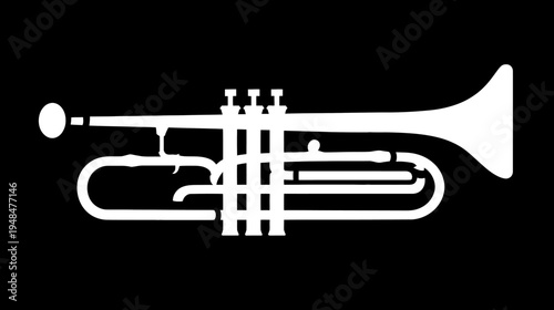 A white silhouette of a brass wind instrument on a black background, with three valves and bell