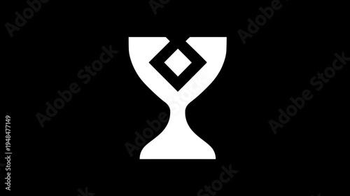 A black and white graphic depicting a stylized goblet with a diamond inside it on a black backdrop