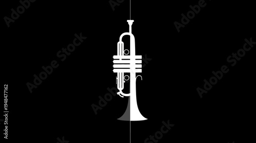 A minimalist black and white graphic depicting a trumpet divided by a vertical line