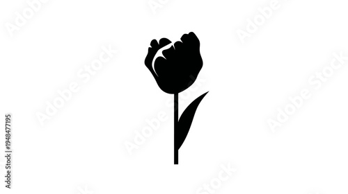 A simple, black silhouette of a tulip flower in full bloom, with stem and leaf on white background