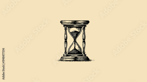 Black and white illustration of an hourglass, depicted in a classic engraving style on a neutral background