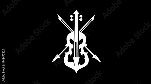 Stylized, white silhouette of a violin with crossed arrows on a solid black background
