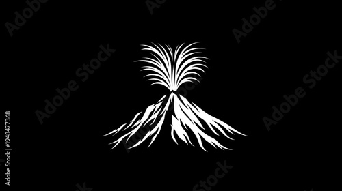 Stylized white depiction of a mountain-like formation with vegetation on a black background