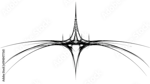 Abstract black and white symmetrical design with a central tower and radiating lines