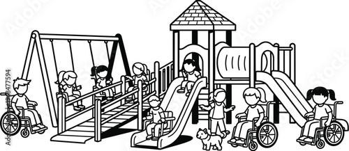 Children's day fun at the playground with kids riding bikes and playing