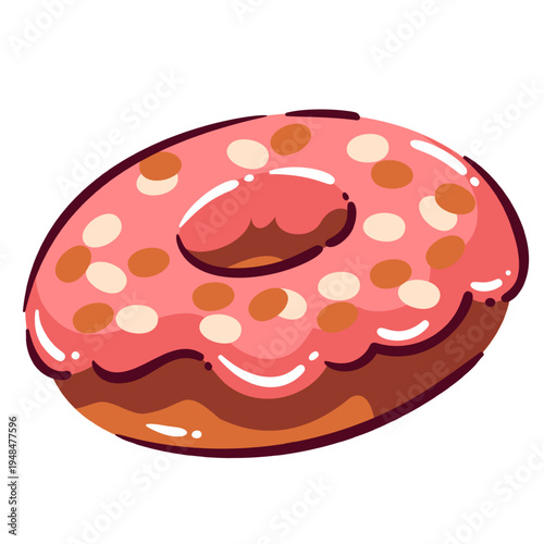 Glazed donut dessert for bakery and sweet snack theme. Round doughnut with pink icing and sugar sprinkles on top. Doodle outline pastry icon, cartoon vector illustration.