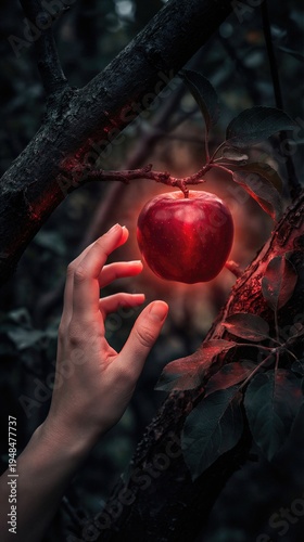 Woman hand reaching for glowing red apple on tree branch in dark forest. Concept of forbidden fruit and temptation. Biblical scene inspired by Garden of Eden and original sin.