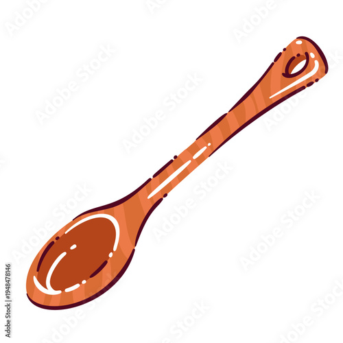 Wooden spoon kitchen utensil for cooking and baking theme. Classic wood spoon for mixing dough, batter and ingredients. Doodle outline cookware icon, cartoon vector illustration.