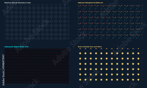 Colorful Abstract Seamless Patterns: Sacred Geometry, Memphis, Glitch, Celestial Backgrounds