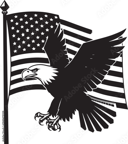 Bald Eagle in Flight with American Flag - Patriotic Vector of Swooping Eagle, Stars and Stripes, and Extended Talons