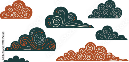 Collection of stylized swirling cloud shapes in orange and green hues on white background