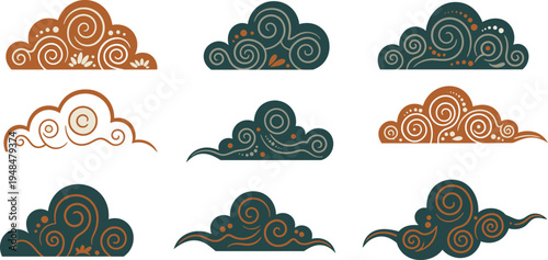 Eight different colored cloud shapes with swirling patterns on a white background