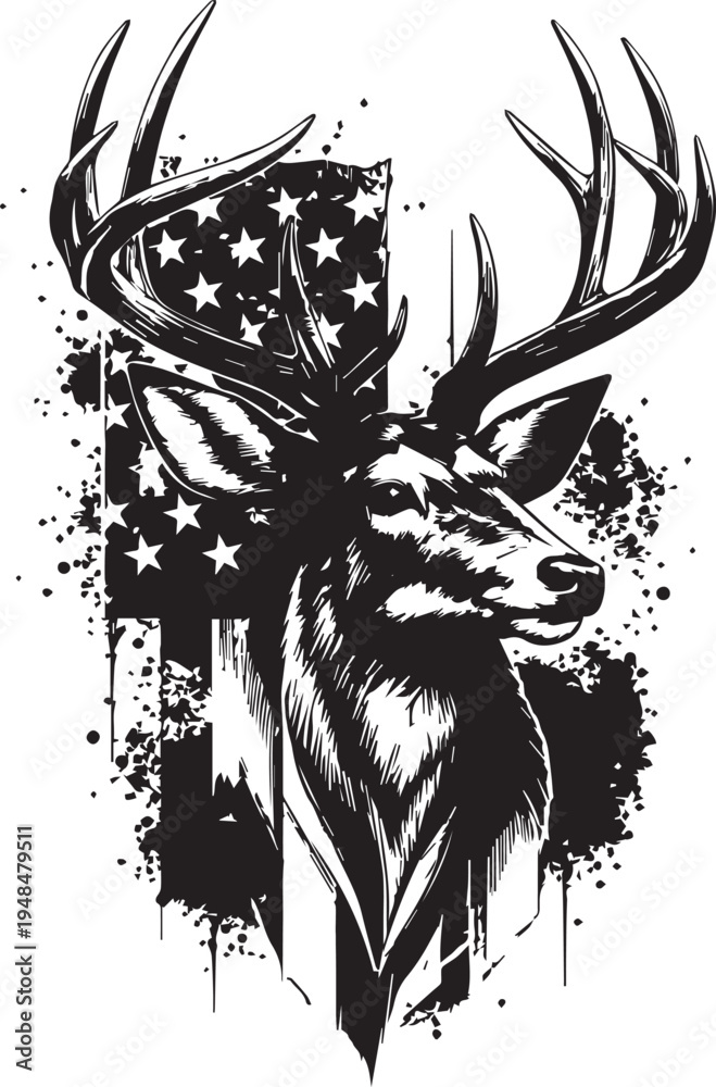 Obraz premium Whitetail Buck Portrait with American Flag Background - Patriotic Hunting Emblem with Grunge Splatter and Stars and Stripes