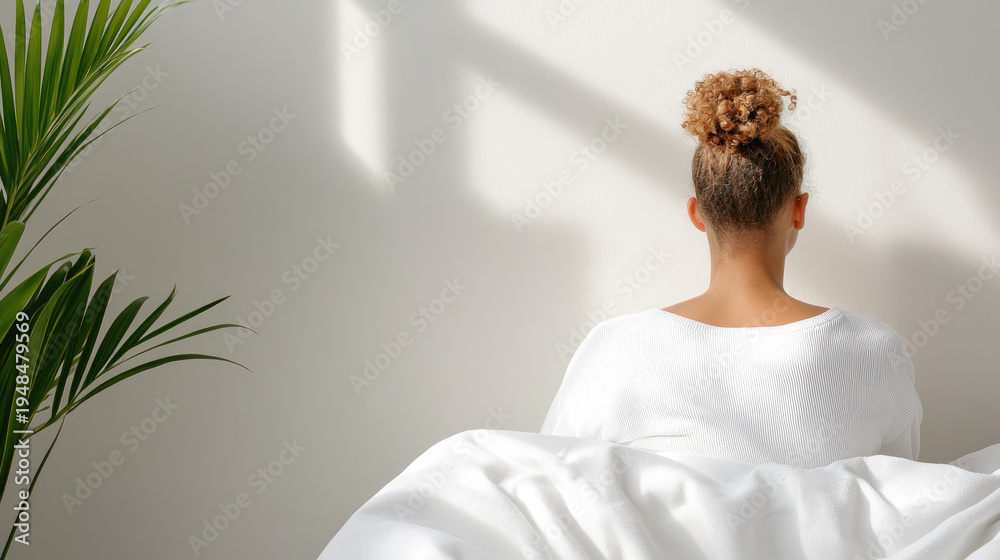Fototapeta premium Woman sitting in bed looking out window in morning light, enjoying slow living, new day, relaxation, and peaceful awakening at home