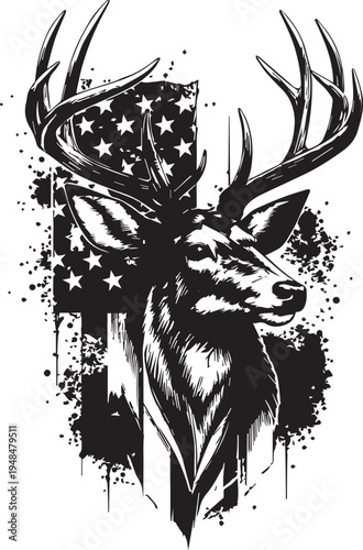Whitetail Buck Portrait with American Flag Background - Patriotic Hunting Emblem with Grunge Splatter and Stars and Stripes