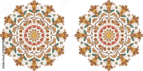 Vibrant symmetrical mandala designs with autumnal colors on white background