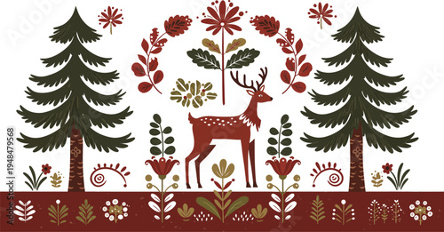 Red deer standing amidst evergreen trees and festive floral decorations in a winter wonderland scene