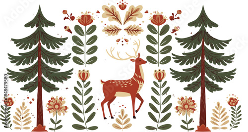 Whimsical illustration of a deer in a forest with trees and flowers