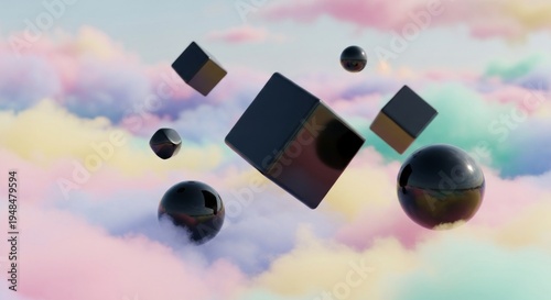 Ethereal Dreamscape of Reflective Black Cubes and Spheres Floating in Pastel Clouds.