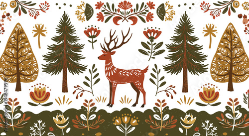 Deer standing in forest with trees flowers and foliage in a colorful illustration