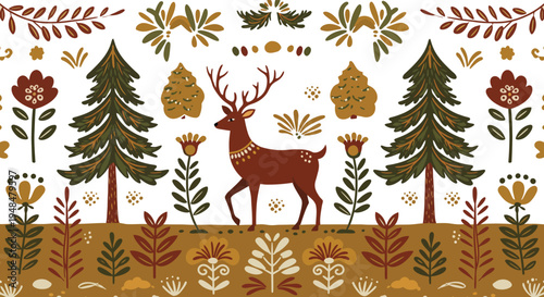 A festive Christmas illustration featuring a reindeer silhouette in a snowy autumn forest, designed as a decorative holiday greeting card with nature-inspired winter patterns and snowflakes