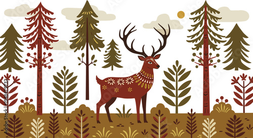 A deer with large antlers stands in a forest clearing surrounded by trees and foliage with autumn colors and patterns