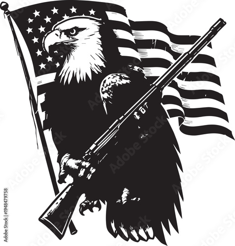  Bald Eagle Silhouette with American Flag and Rifle - Patriotic Vector Emblem with Stars and Stripes