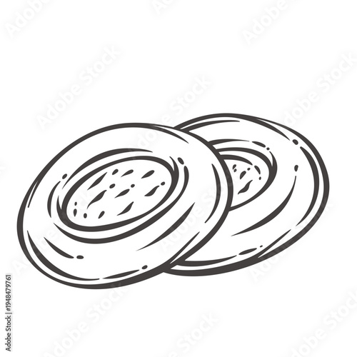 Round flatbread buns with textured center and rustic surface in retro outline style. Traditional bakery wheat bread, artisan baked food symbol, monochrome vector illustration.