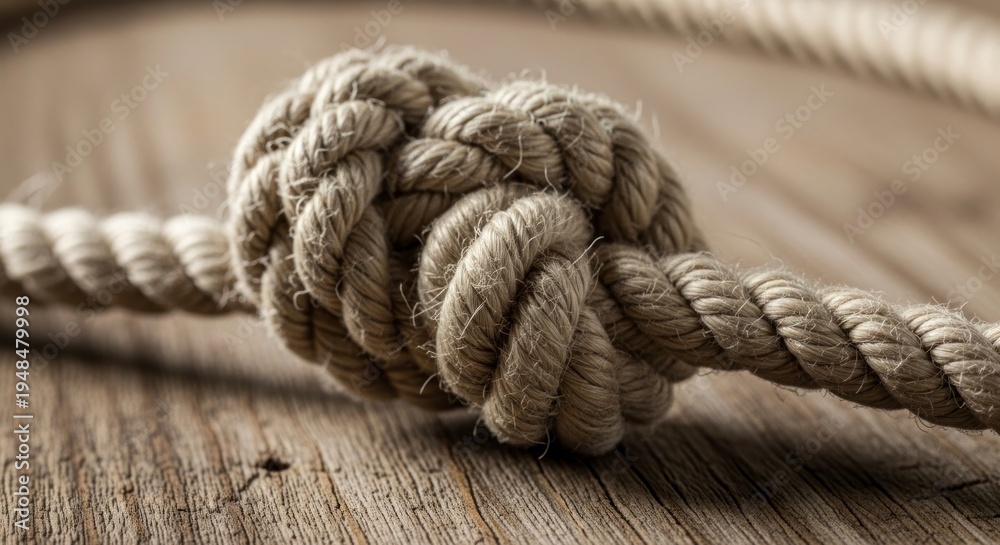 Fototapeta premium Weathered Strength - A Tightly Secured Fibrous Knot on a Grained Wooden Surface.