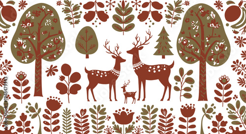 Deer and fawn standing in forest with trees and autumn leaves and foliage