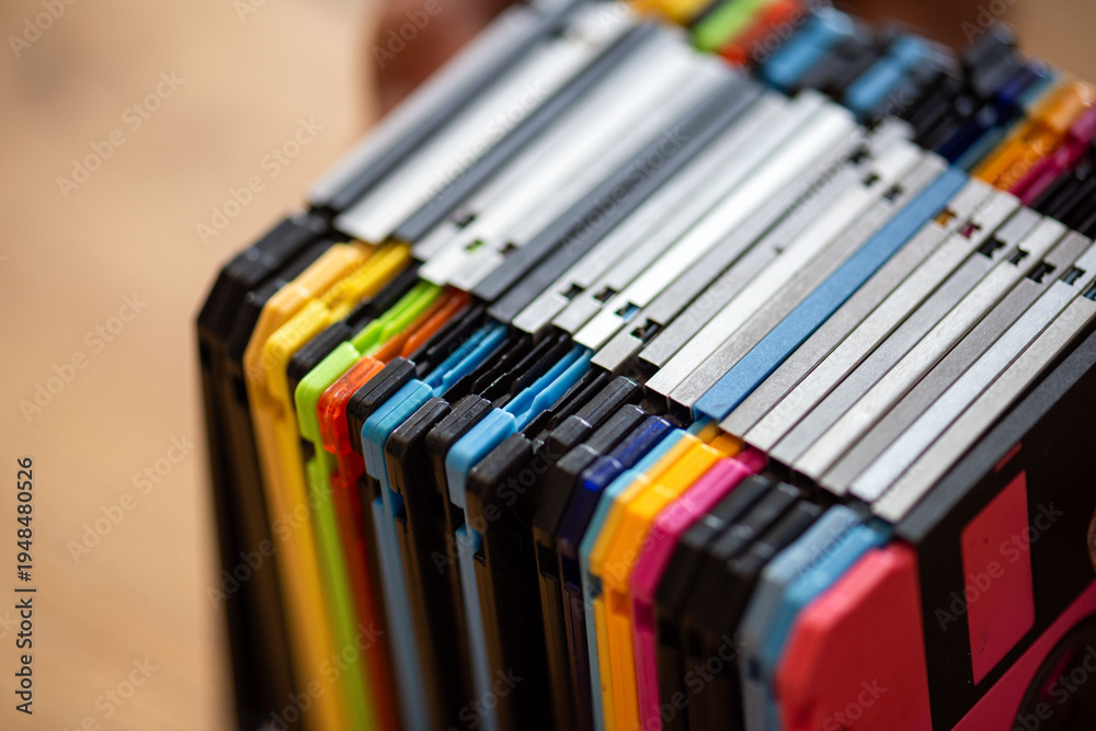 Fotografie Colorful vintage floppy disks stack.