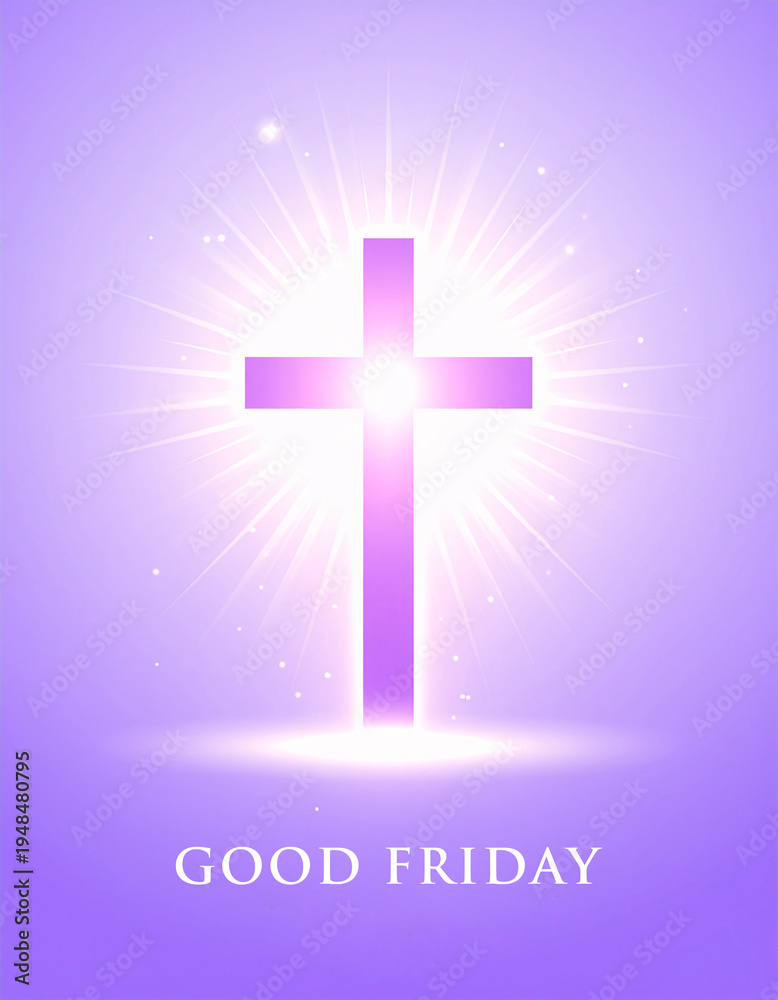 Fototapeta premium Minimal glowing cross with Good Friday text and radiant beams