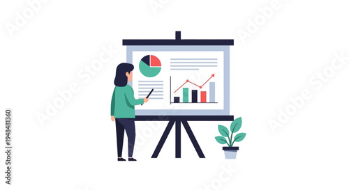 Business presentation with charts and graphs on a whiteboard