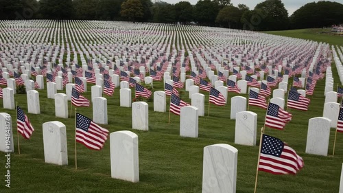 Solemn Rows of Headstones with American Flags at a National Cemetery.