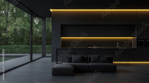 Modern interior space features sleek dark cabinetry illuminated by warm strip lighting