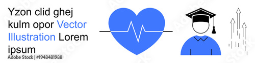 Education, health, self-improvement, progress tracking, growth strategies, goal achievement. Heart with a heartbeat line, graduate upward arrows. Education and health-related