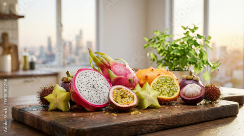 A vibrant assortment of fresh exotic fruits, including dragon fruit, starfruit, and passion fruit, arranged on a rustic wooden board in a modern sunlit city kitchen.