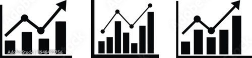Three black and white bar graphs isolated on transparent background showing upward trends