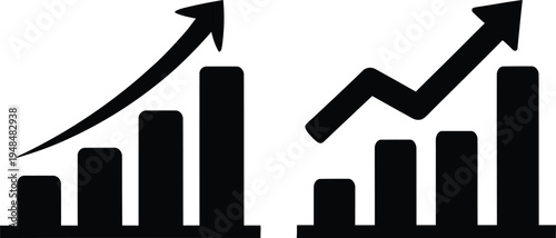 Black bar chart and graph icons with arrows on isolated on transparent background