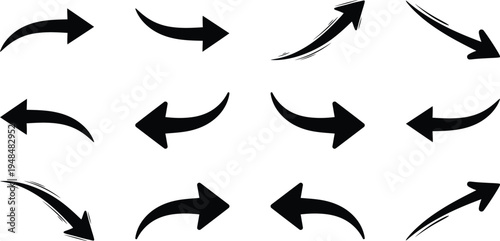 A collection of 12 black arrow icons pointing in various directions on a white background