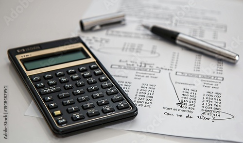 Fotografi Calculator on financial report with pen