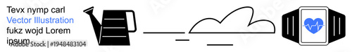 Sustainability, health tracking, technology, gardening, eco-friendly, wellness. A watering can, cloud and smartwatch with heartbeat icon. Sustainability and health tracking concepts